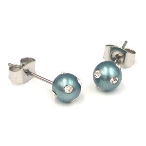 Tahitian Pearl Stud Earrings Faux 6 mm Surgical Steel Hypoallergenic CZ
